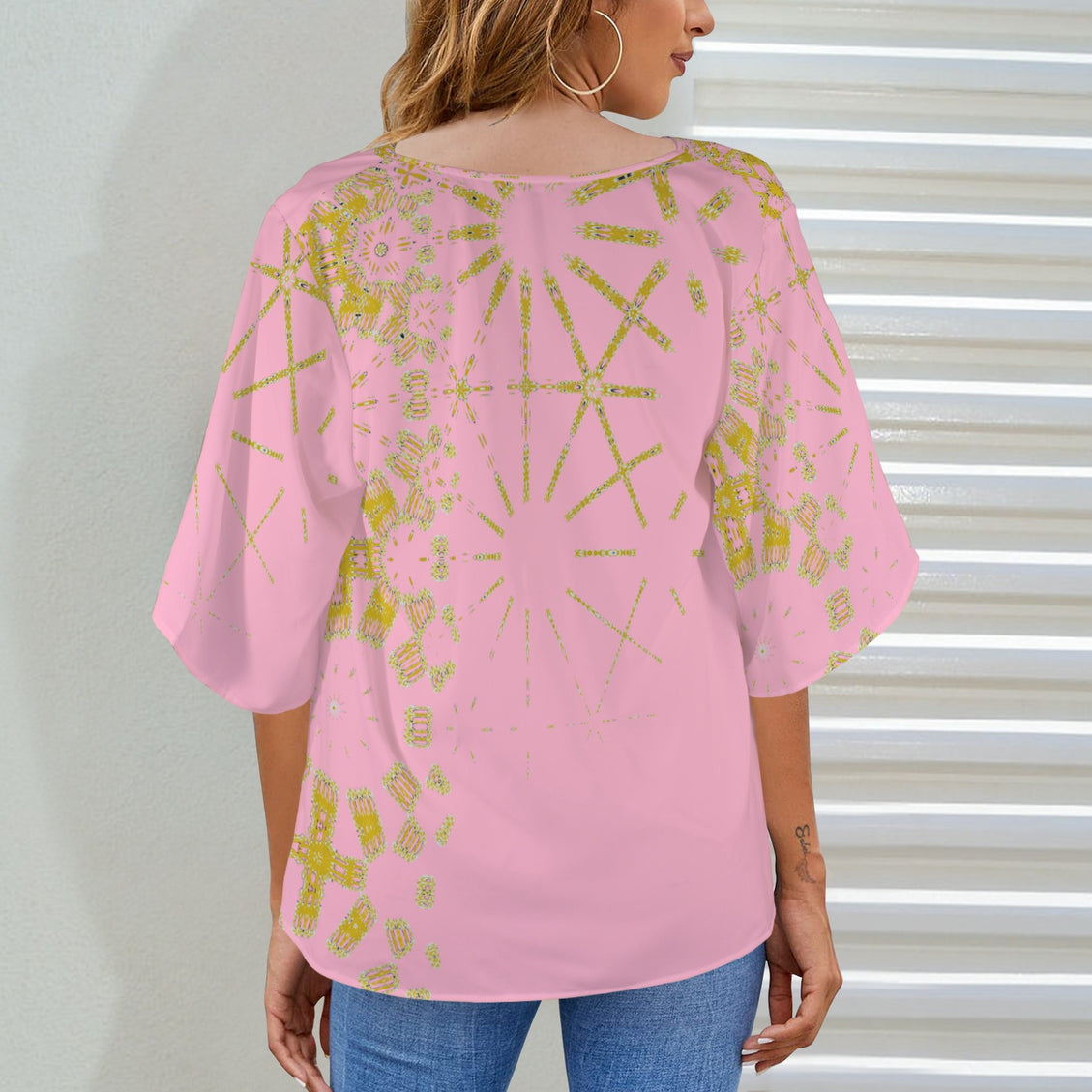 Draped Neck Blouse Pink Gold Graphic