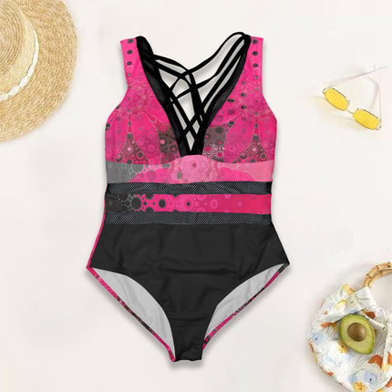 V Neck Mesh One Piece Swimsuit Red Leaves Watercolor Black Bottom