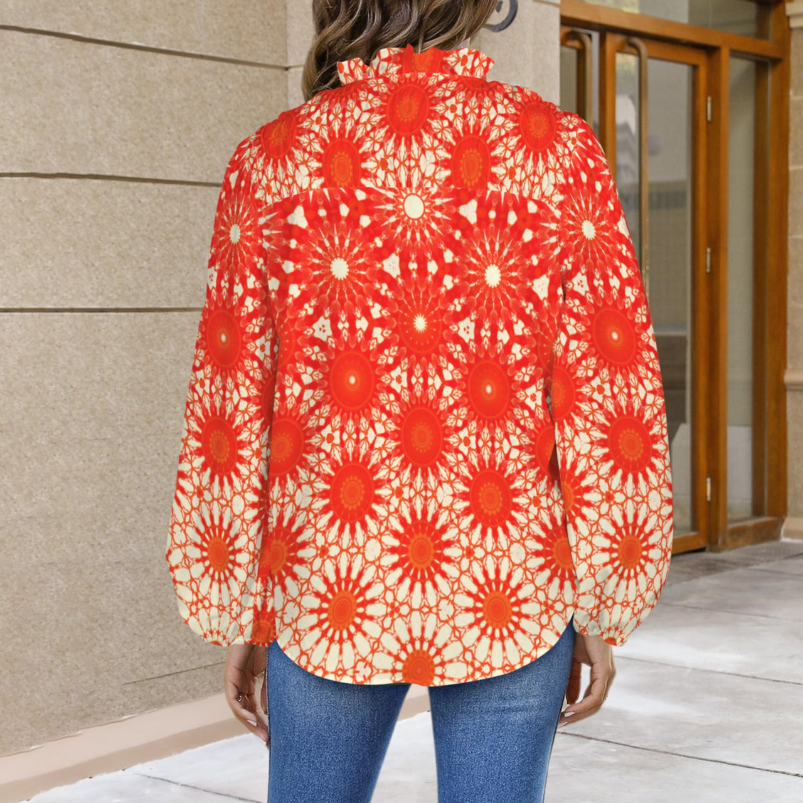 V Neck Long Sleeve Blouse Red Orange Starburst