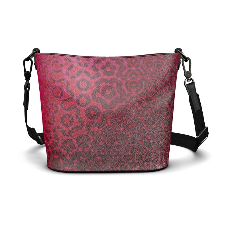 Penzance Large Leather Bucket Tote Red Leaves Abstract