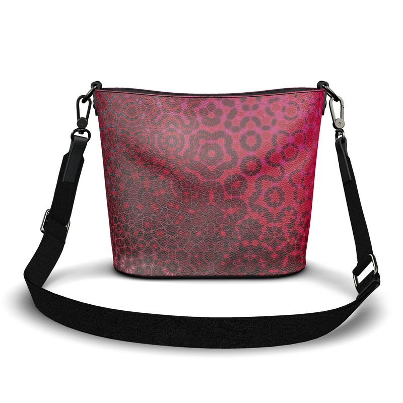 Penzance Large Leather Bucket Tote Red Leaves Abstract