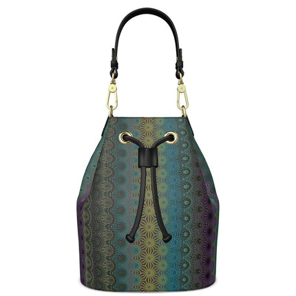 Leather Bucket Bag Striped Peacock Feathers