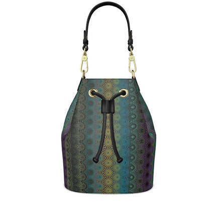 Leather Bucket Bag Striped Peacock Feathers