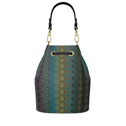 Leather Bucket Bag Striped Peacock Feathers