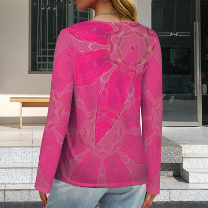 V Neck Long Sleeve Sweater Red Leaves Fuchsia Watercolor