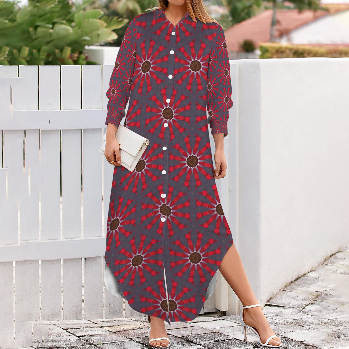 Long Sleeve Shirt Dress Red and Gray Starburst