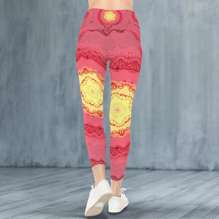 High Waist Pockets Yoga Leggings Red & Yellow Medallion