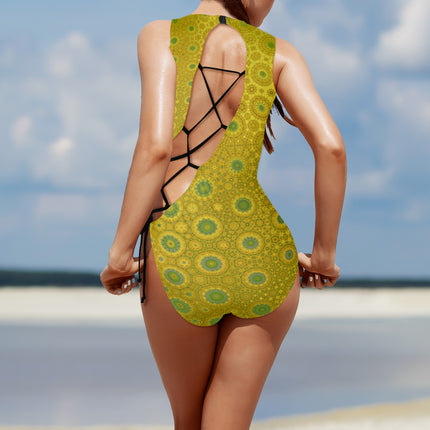 Tie Back Lace Up One Piece Swimsuit Green & Gold