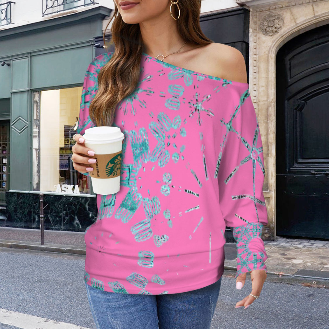 Batwing Long Sleeve Top Pink and Turquoise Graphic