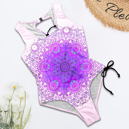 Tie Back Lace Up One PIece Swimsuit Bergamot Medallion Soft Pink