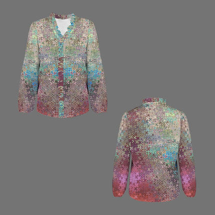 Long Sleeve Ruffled Blouse Peacock Feathers Ombre