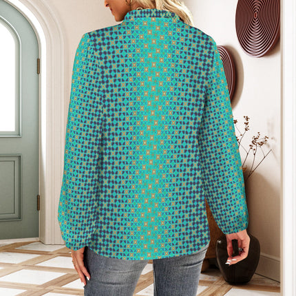 Long Sleeve V Neck Ruffle Blouse Peacock Turquoise Ombre