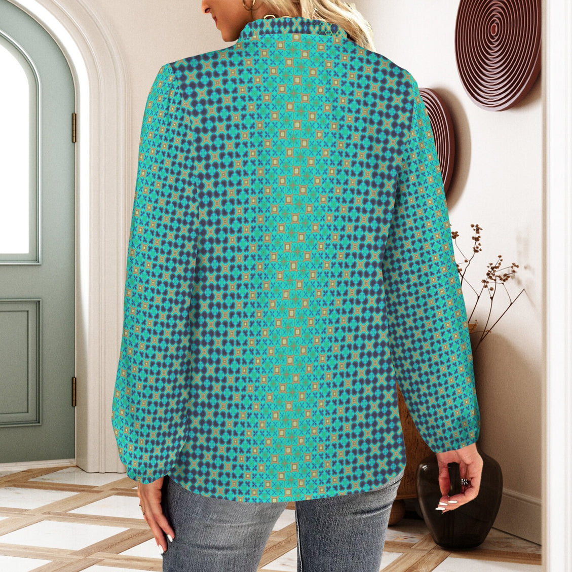 Long Sleeve V Neck Ruffle Blouse Peacock Turquoise Ombre