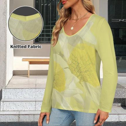 V Neck Long Sleeve Sweater Daisy Watercolor Chartreuse