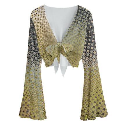 Ruffled Tie Front Cropped Blouse Shattered Windshield Gold Green Gray Ombre