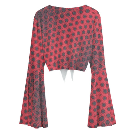 Ruffled Tie Front Cropped Blouse Red Leaves Ombre