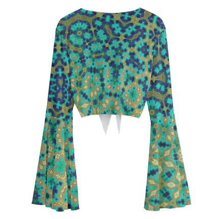 Ruffled Tie Front Cropped Blouse Peacock Feathers Penrose