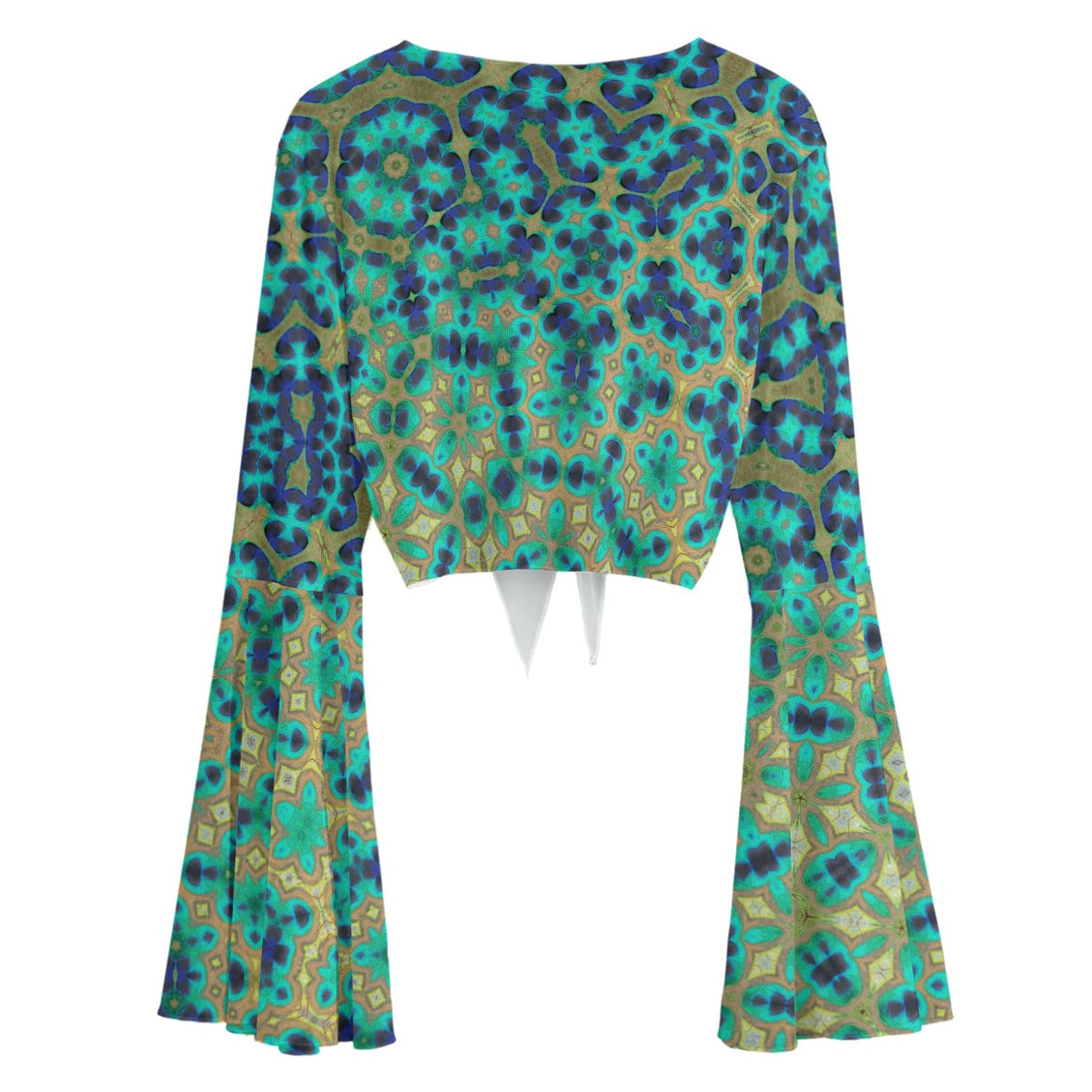 Ruffled Tie Front Cropped Blouse Peacock Feathers Penrose