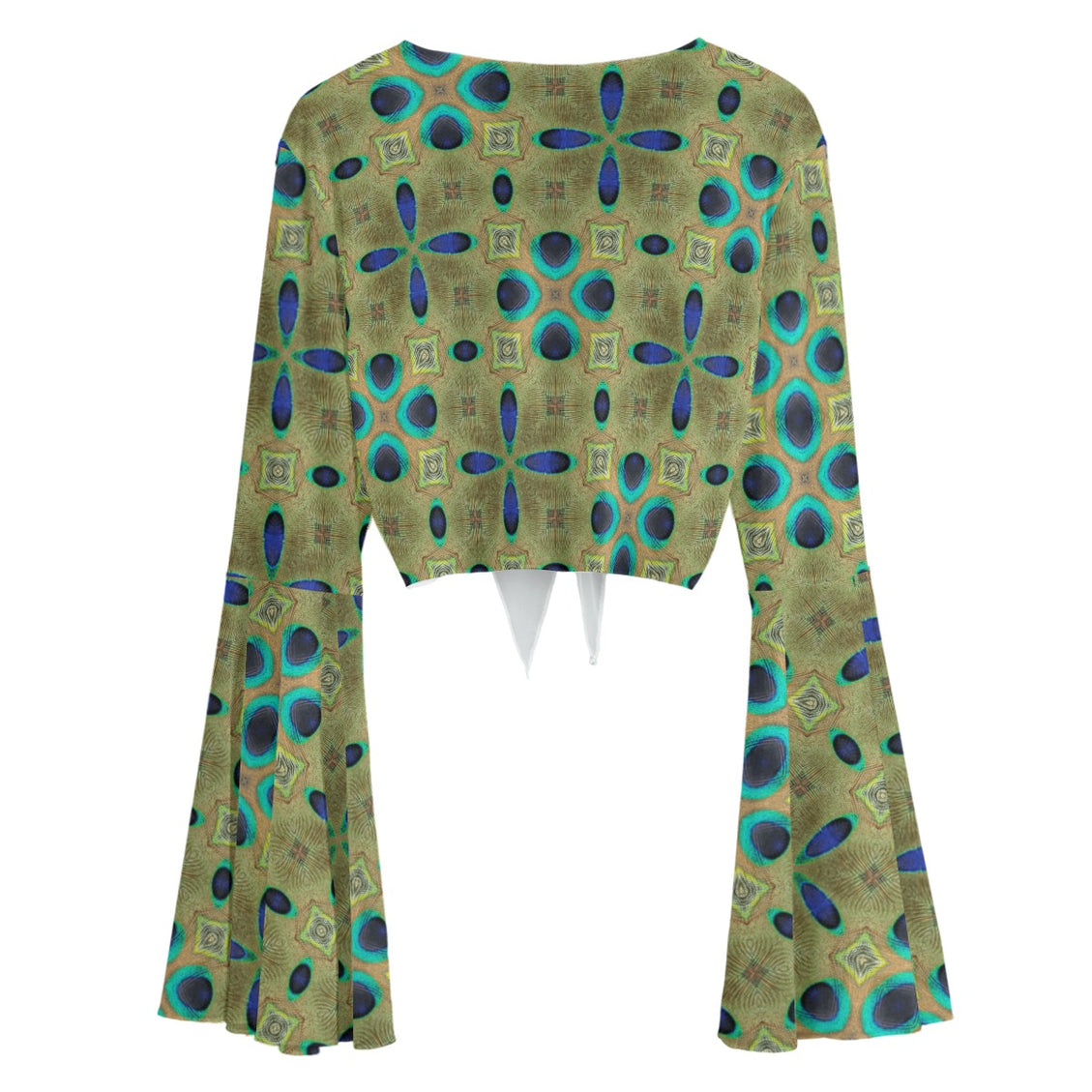 Ruffled Tie Front Cropped Blouse Peacock Feather Green Blue