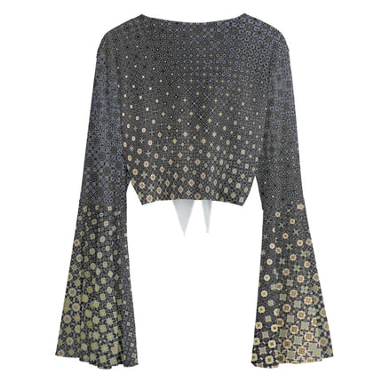 Ruffled Tie Front Cropped Blouse Shattered Windshield Gray and Gold Ombre