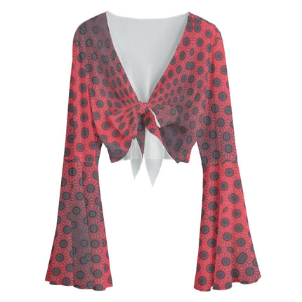 Ruffled Tie Front Cropped Blouse Red Leaves Ombre