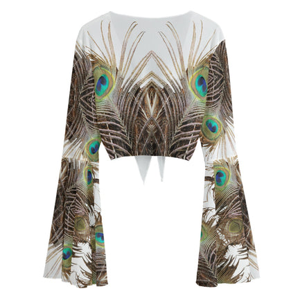 Ruffled Tie Front Cropped Blouse Peacock Feather White