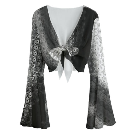 Ruffled Tie Front Cropped Blouse Black and White