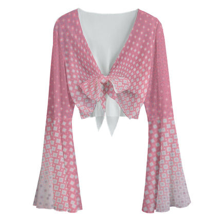 Ruffled Tie Front Cropped Blouse Pink Sunrise Ombre