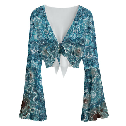 Ruffled Tie Front Cropped Blouse Blue Glass