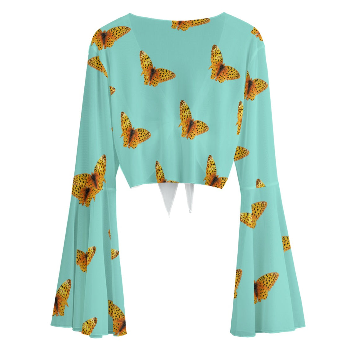 Ruffled Tie Front Cropped Blouse Butterflies Turquoise