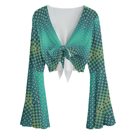 Ruffled Tie Front Cropped Blouse Peacock Feathers Green Ombre