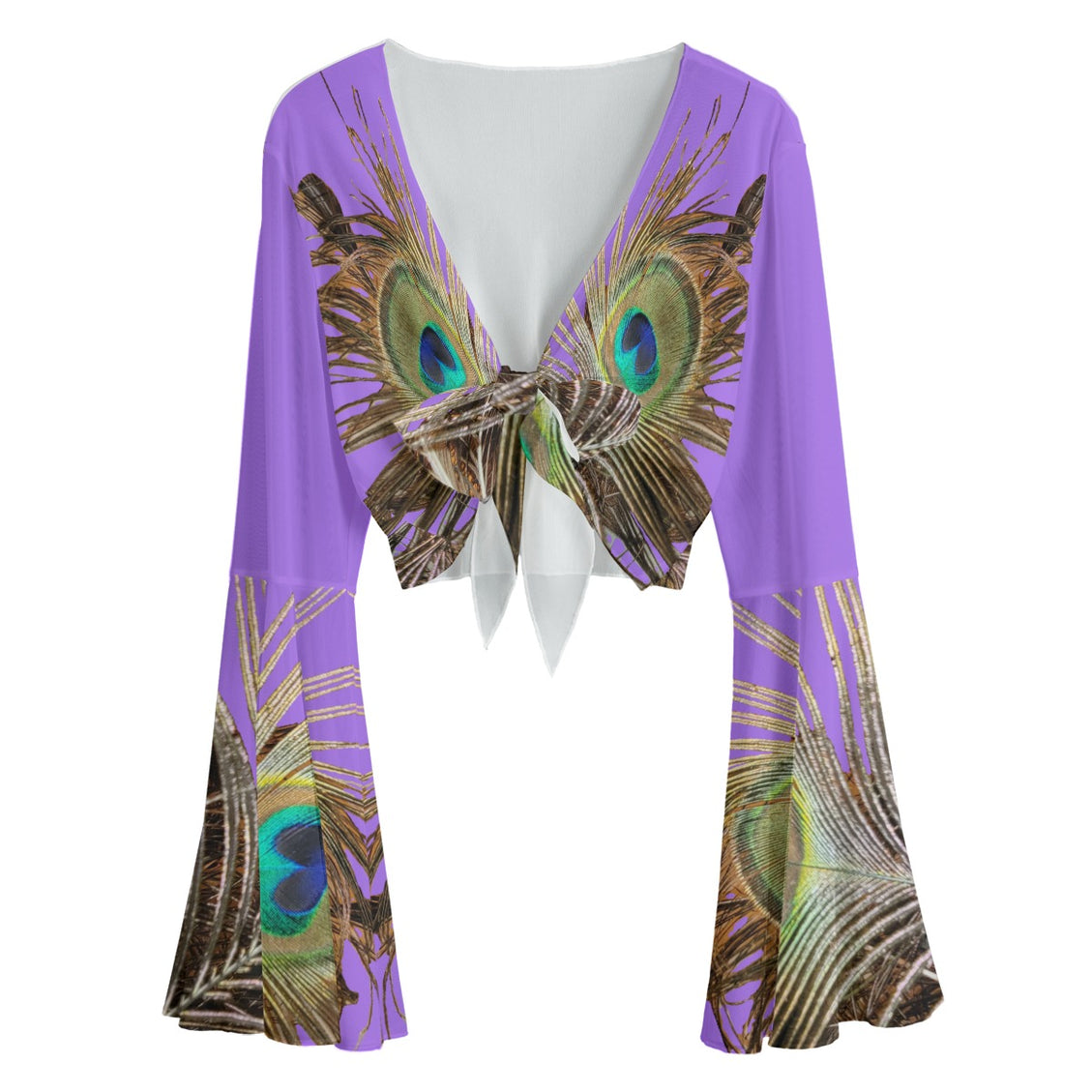 Ruffled Tie Front Cropped Blouse Peacock Feather Purple