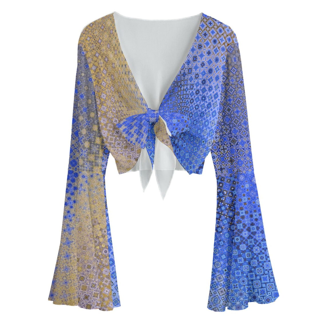 Ruffled Tie Front Cropped Blouse Blue and Taupe Ombre