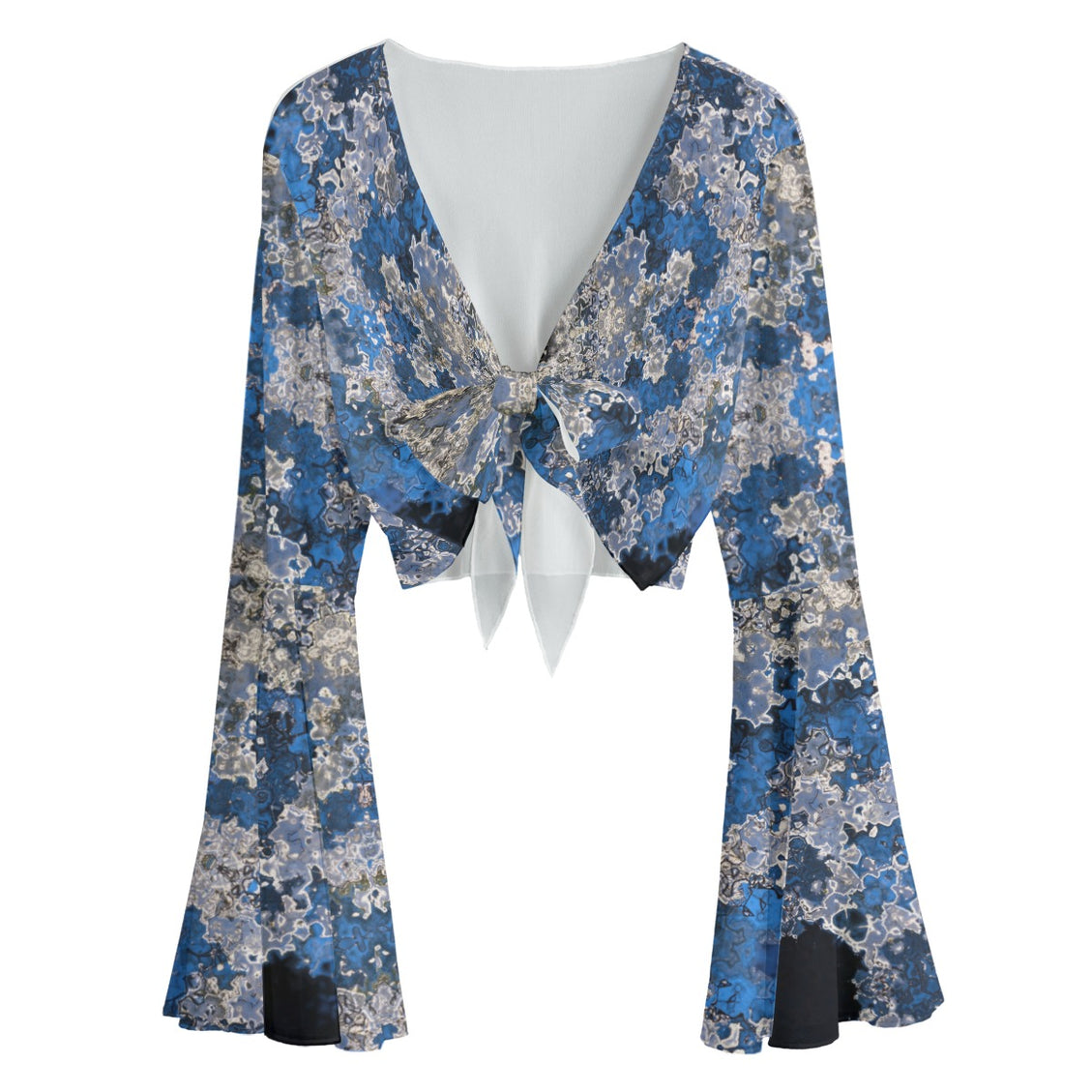 Ruffled Tie Front Cropped Blouse Frosty Trees Abstract