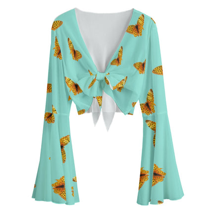 Ruffled Tie Front Cropped Blouse Butterflies Turquoise