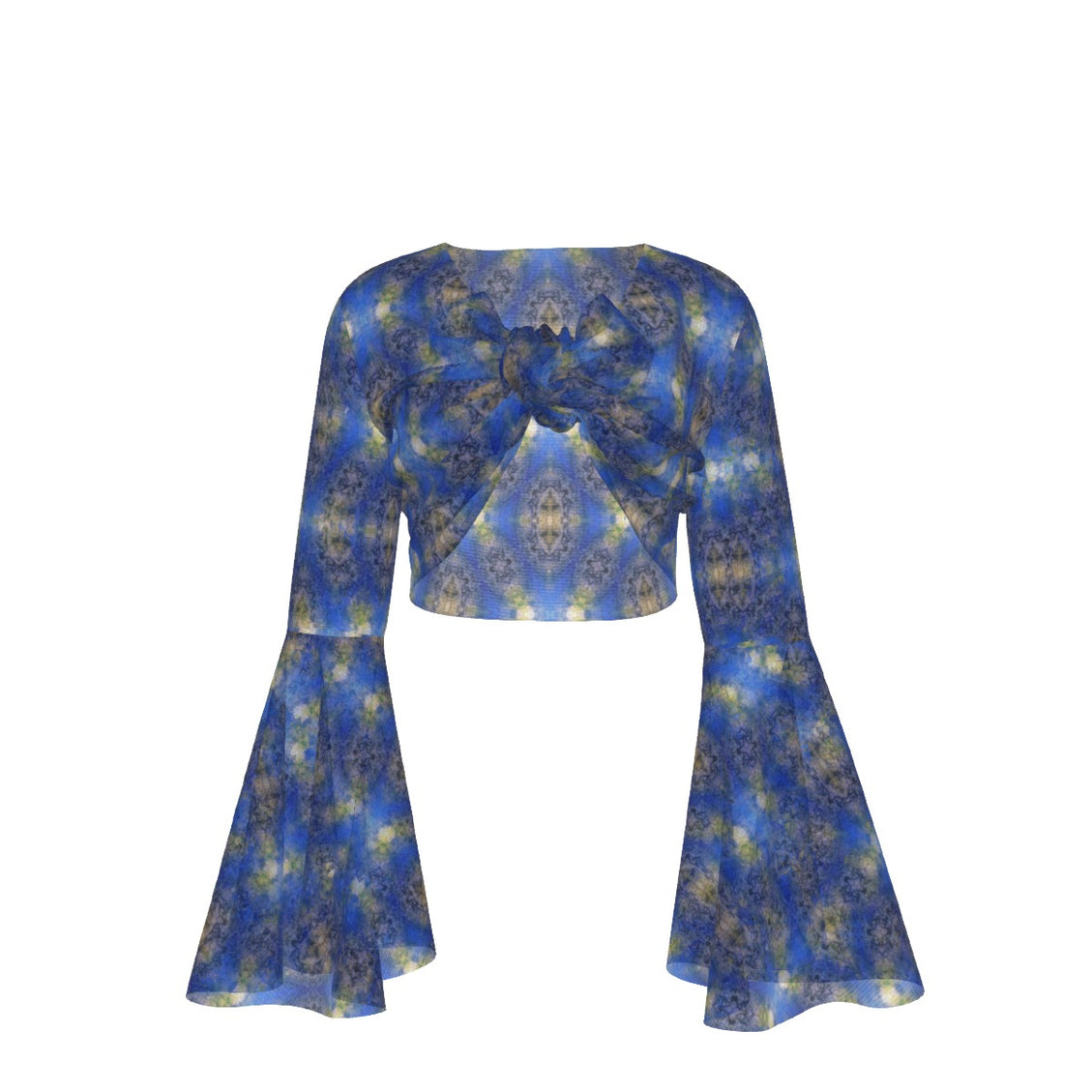 Ruffled Tie Front Cropped Blouse Peacock Blue Gold