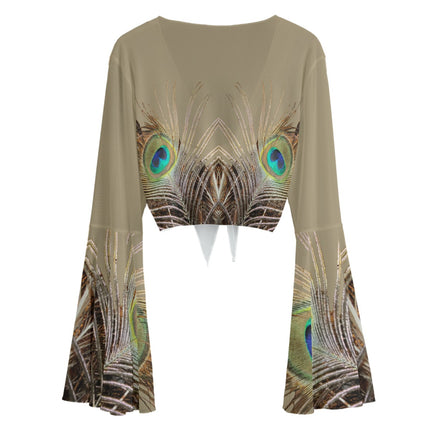 Ruffled Tie Front Cropped Blouse Peacock Feather Taupe