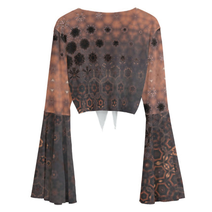 Ruffled Tie Front Cropped Blouse Brown and Copper Geometric