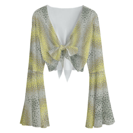 Ruffled Tie Front Cropped Blouse Yellow Clover