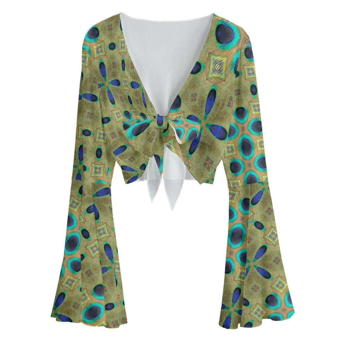 Ruffled Tie Front Cropped Blouse Peacock Feather Green Blue