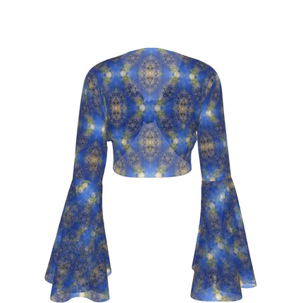 Ruffled Tie Front Cropped Blouse Peacock Blue Gold