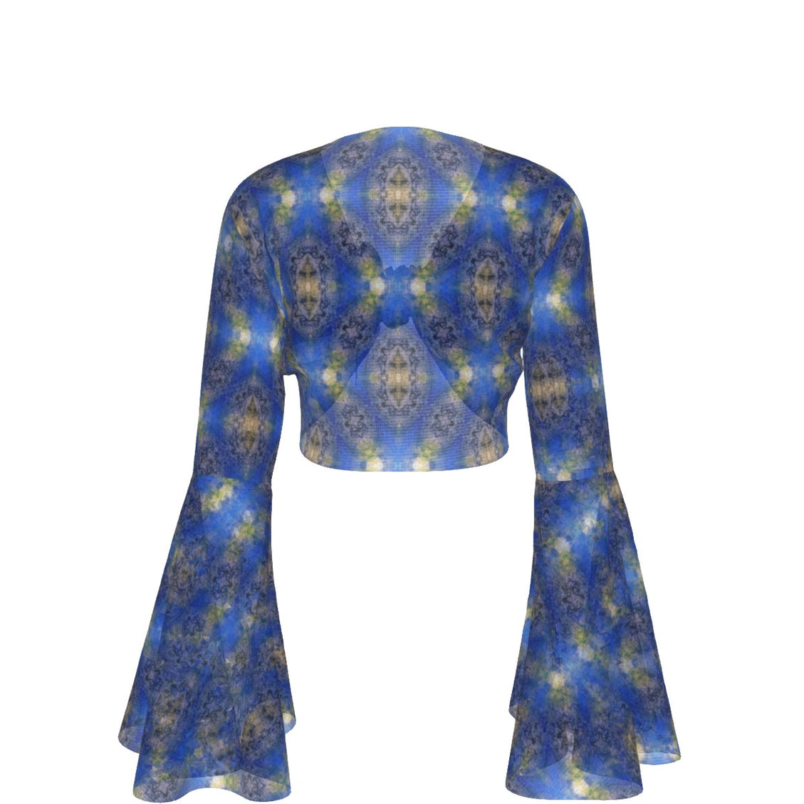 Ruffled Tie Front Cropped Blouse Peacock Blue Gold