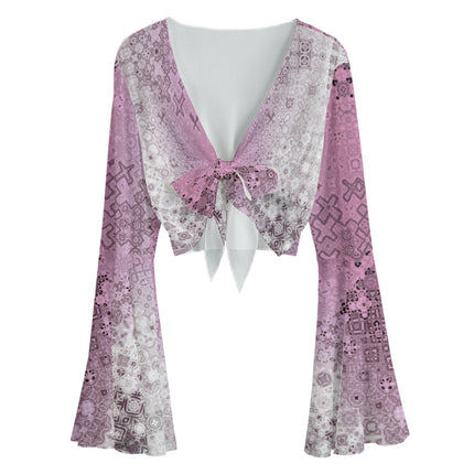 Ruffled Tie Front Cropped Blouse Pink Glass Ombre