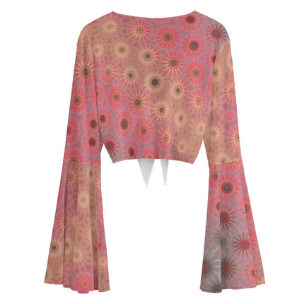 Ruffled Tie Front Cropped Blouse Pink Flowers Abstract