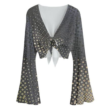 Ruffled Tie Front Cropped Blouse Shattered Windshield Gray and Gold Ombre