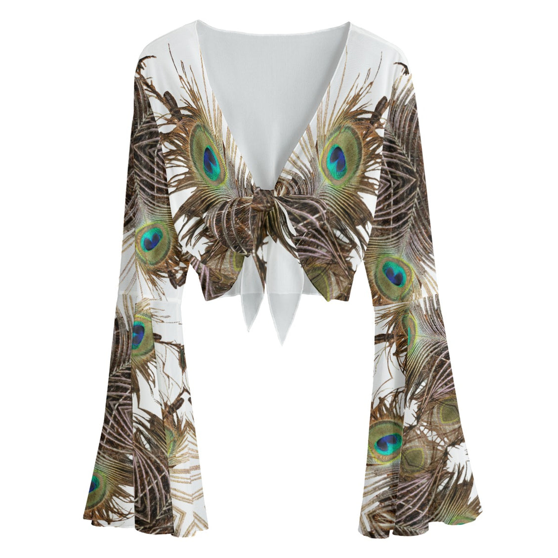 Ruffled Tie Front Cropped Blouse Peacock Feather White