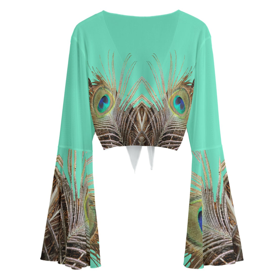 Ruffled Tie Front Cropped Blouse Peacock Feather Green