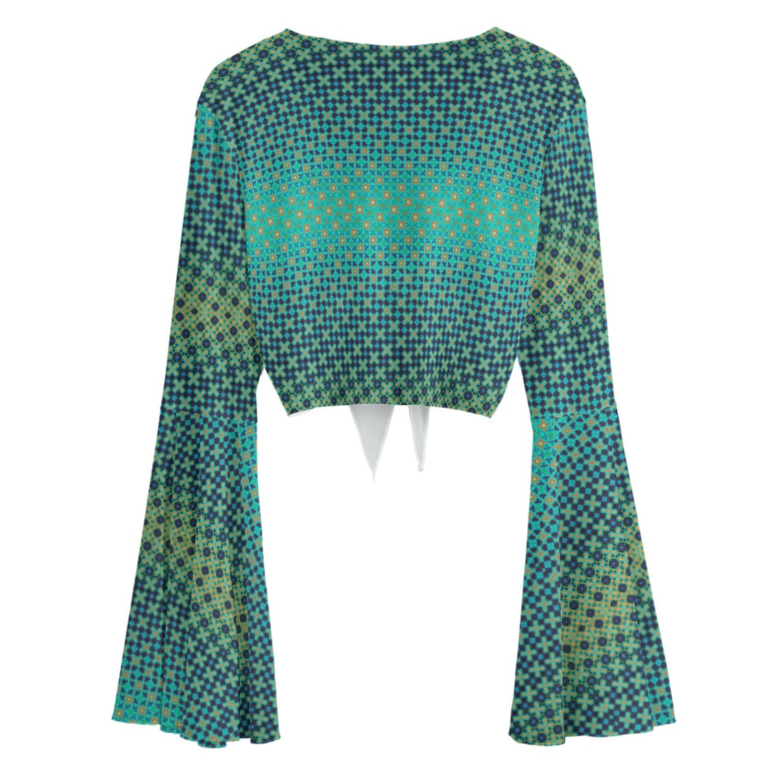 Ruffled Tie Front Cropped Blouse Peacock Feathers Green Ombre