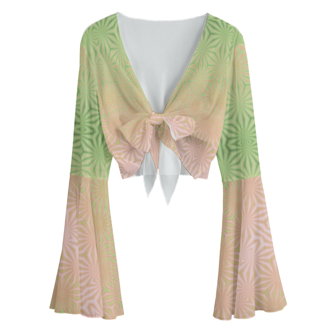 Ruffled Tie Front Cropped Blouse Peach and Green Ombre