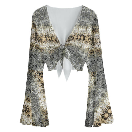 Ruffled Tie Front Cropped Blouse Shimmering Feathers